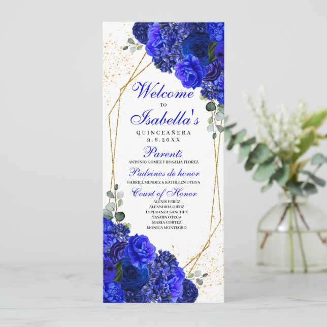 Royal Blue and Gold Floral Quinceanera Program Invitation (Standing Front)