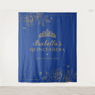Royal Blue and Gold Floral Quinceañera Tapestry