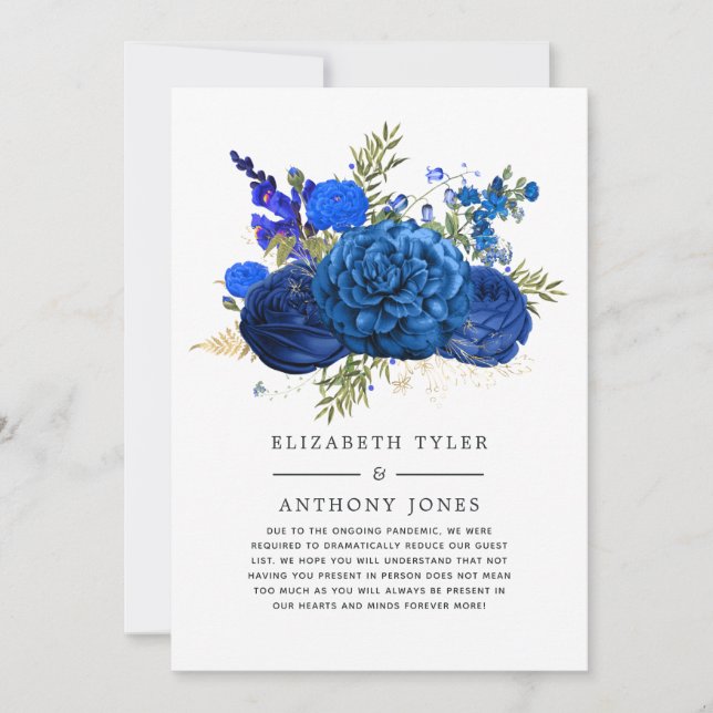 Royal Blue and Gold Floral Reduced Wedding Guest Announcement (Front)