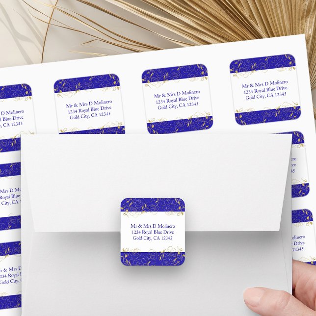 Royal Blue and Gold Floral Square Address Labels (Address Labels from my Elegant Gold Flowers Quinceanera Collection)