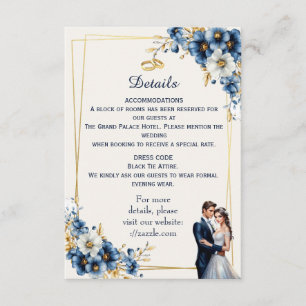 Royal Blue and Gold Floral Wedding Details Card