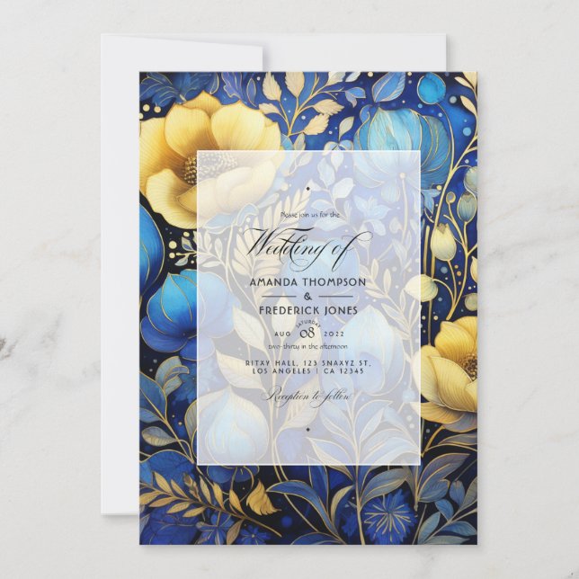 Royal Blue and Gold Floral Wedding Invitation (Front)