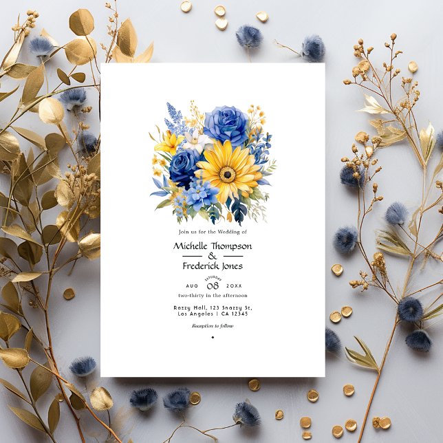 Royal Blue and Gold Floral Wedding Invitation (Creator Uploaded)