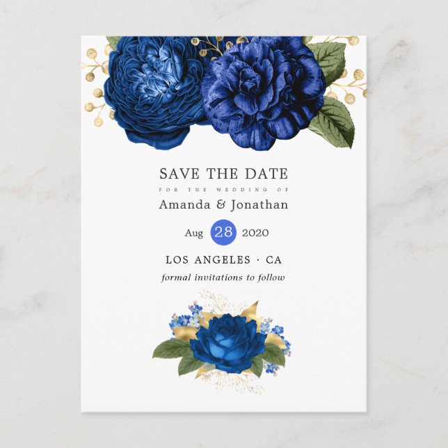 Royal Blue and Gold Floral Wedding Save the Date Announcement Postcard (Front)