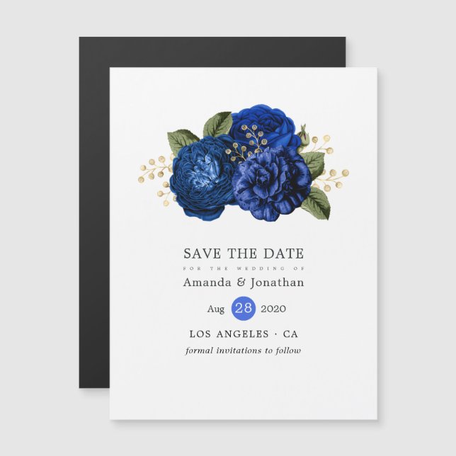 Royal Blue and Gold Floral Wedding Save the Date Magnetic Invitation (Front/Back)