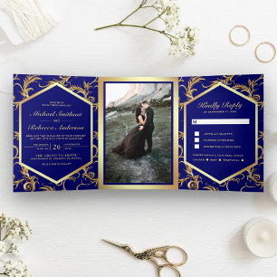 Royal Blue and Gold Flourish Swirl Wedding Photo Tri-Fold Invitation