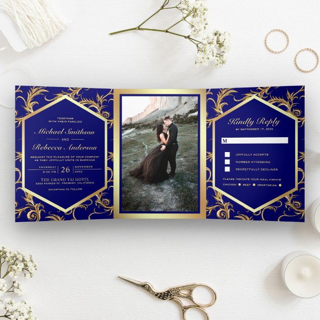 Royal Blue and Gold Flourish Swirl Wedding Photo Tri-Fold Invitation (Creator Uploaded)
