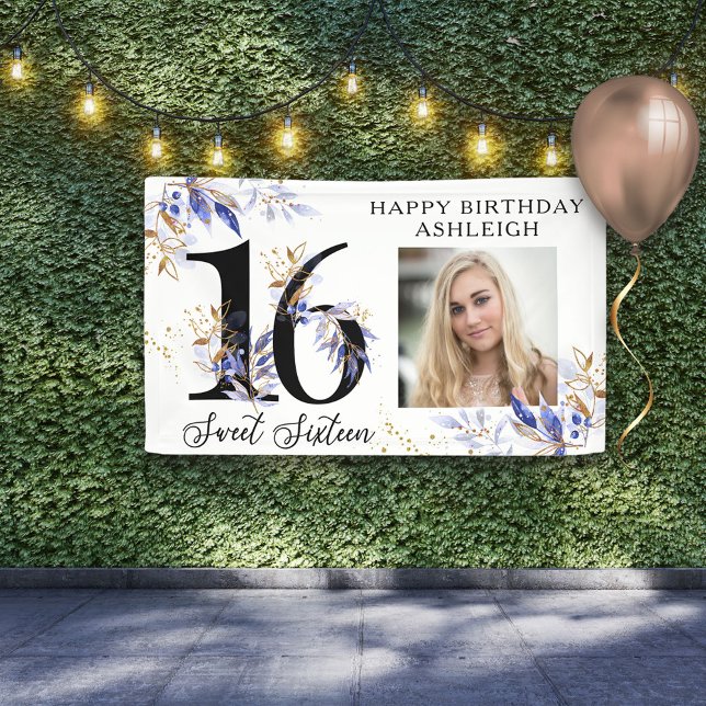 Royal Blue and Gold Foliage Sweet 16 Photo Banner (Creator Uploaded)