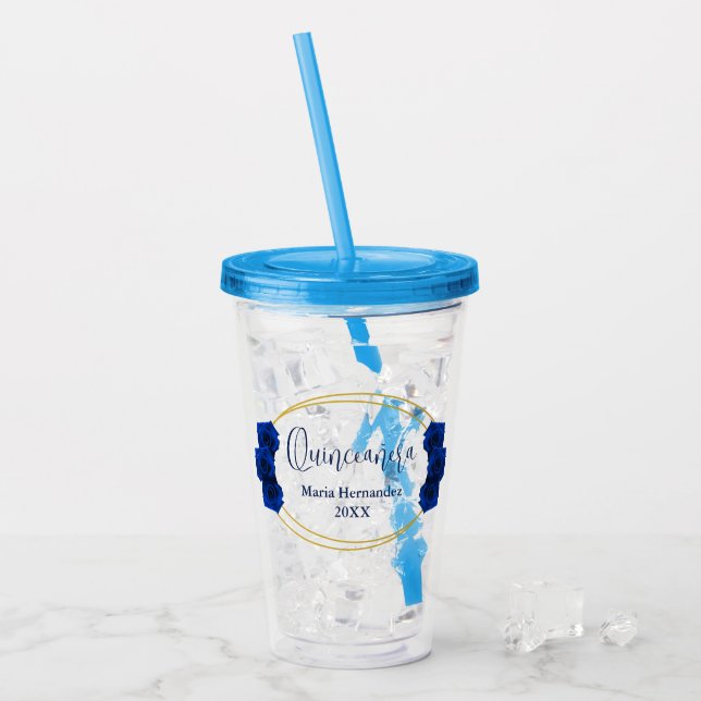 Royal Blue and Gold Geometric Quinceañera Acrylic Tumbler (Front Ice)