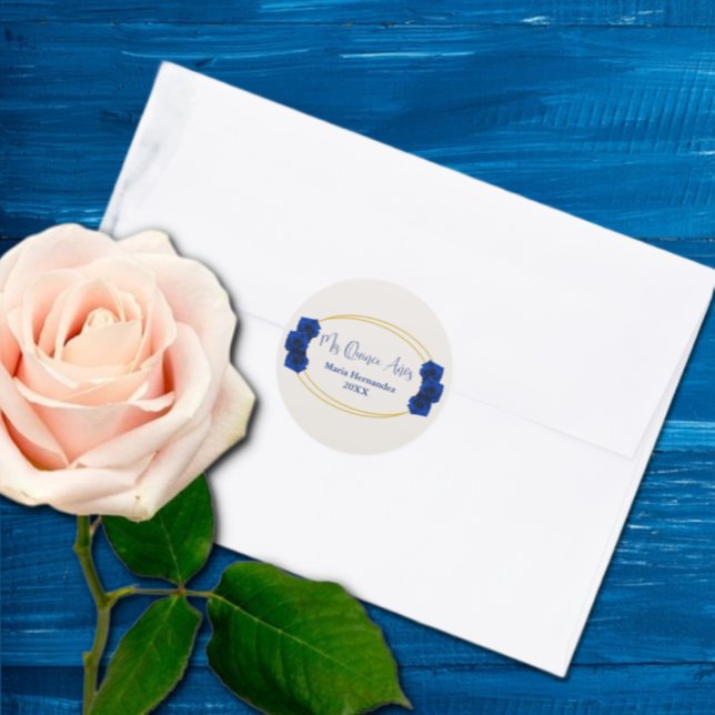 Royal Blue and Gold Geometric Quinceañera Classic Round Sticker (Creator Uploaded)