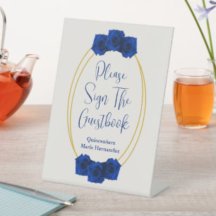 Royal Blue and Gold Geometric Quinceañera Pedestal Sign