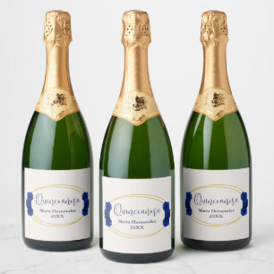 Royal Blue and Gold Geometric Quinceañera Sparkling Wine Label
