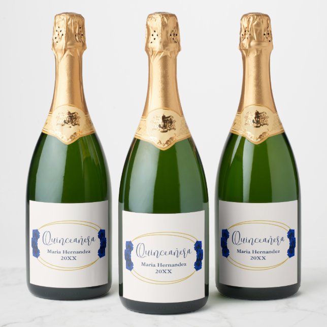 Royal Blue and Gold Geometric Quinceañera Sparkling Wine Label (Bottles)