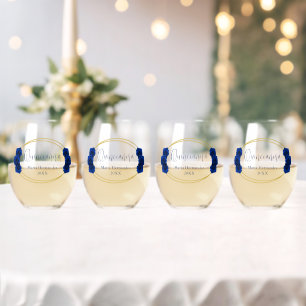 Royal Blue and Gold Geometric Quinceañera Stemless Wine Glass