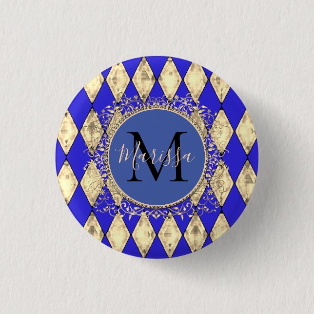 Royal Blue and Gold Glam Monogram  3 Cm Round Badge (Front)