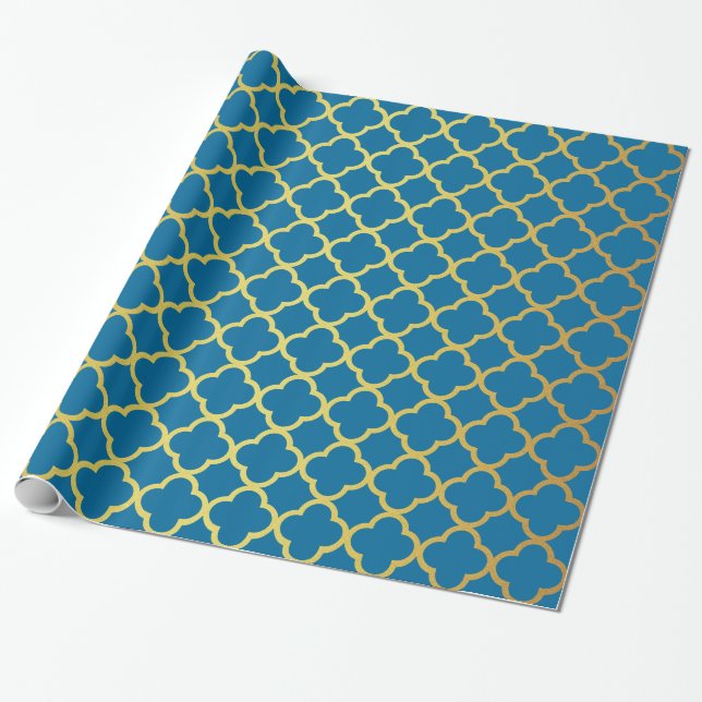 Royal Blue and Gold Glitter Quatrefoil Pattern Wrapping Paper (Unrolled)