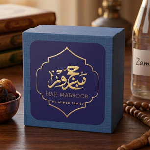 Royal Blue and Gold Hajj Mabroor Square Favour  Sticker