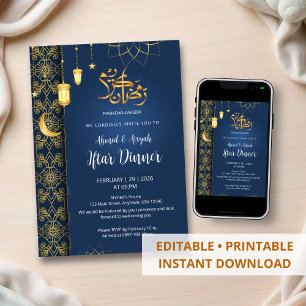 Royal Blue and Gold Islamic Floral Geometric Iftar Invitation