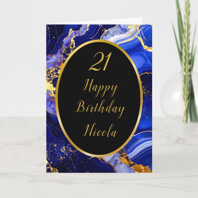 Royal Blue and Gold Marble Agate Birthday Party Card (Front)