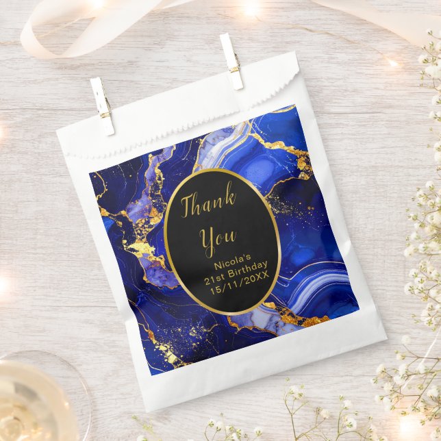 Royal Blue and Gold Marble Agate Birthday Party Favour Bags (Clipped)