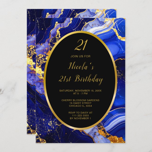 Royal Blue and Gold Marble Agate Birthday Party Invitation (Front/Back)