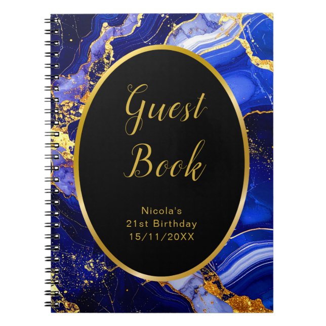 Royal Blue and Gold Marble Agate Birthday Party  Notebook (Front)