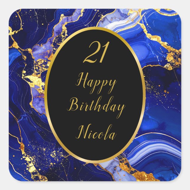 Royal Blue and Gold Marble Agate Birthday Party Square Sticker (Front)