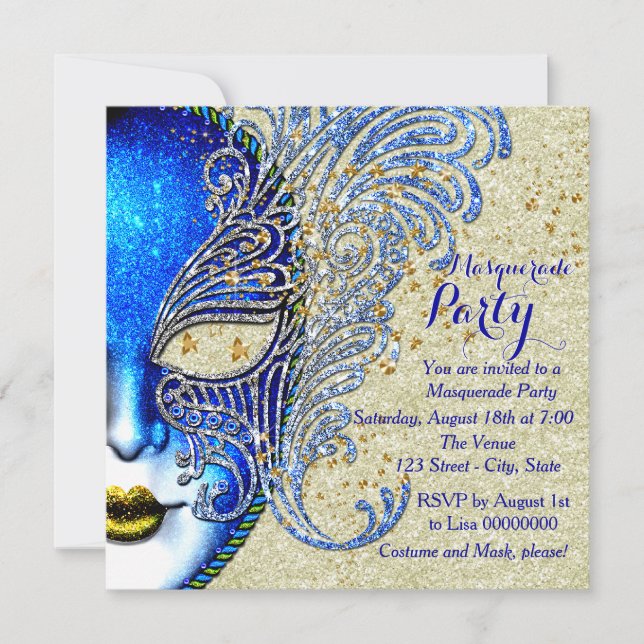 Royal Blue and Gold Masquerade Party Invitation (Front)