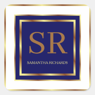 Royal Blue And Gold Monogram Geometric Square Sticker