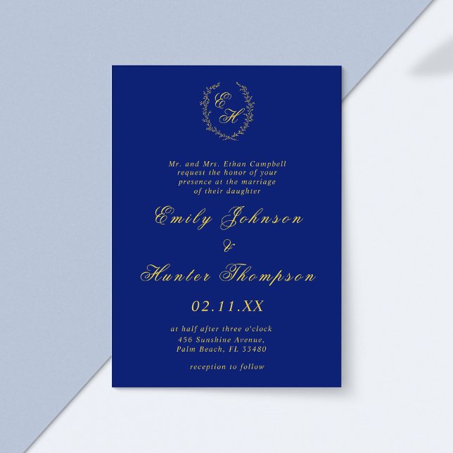Royal Blue and Gold Monogram Wreath Wedding Invitation (Creator Uploaded)