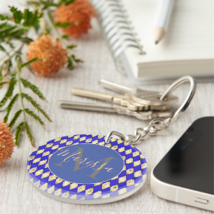 Royal Blue and Gold Personalized Harlequin  Key Ring