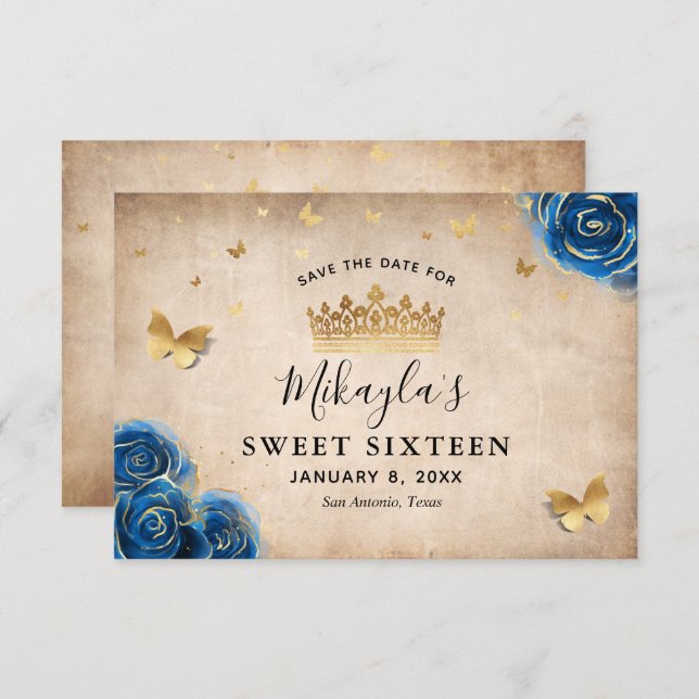 Royal Blue and Gold Rose Parchment Elegant Save The Date (Front/Back)