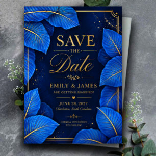 Royal Blue and Gold Tropical Elegant Luxury  Save The Date