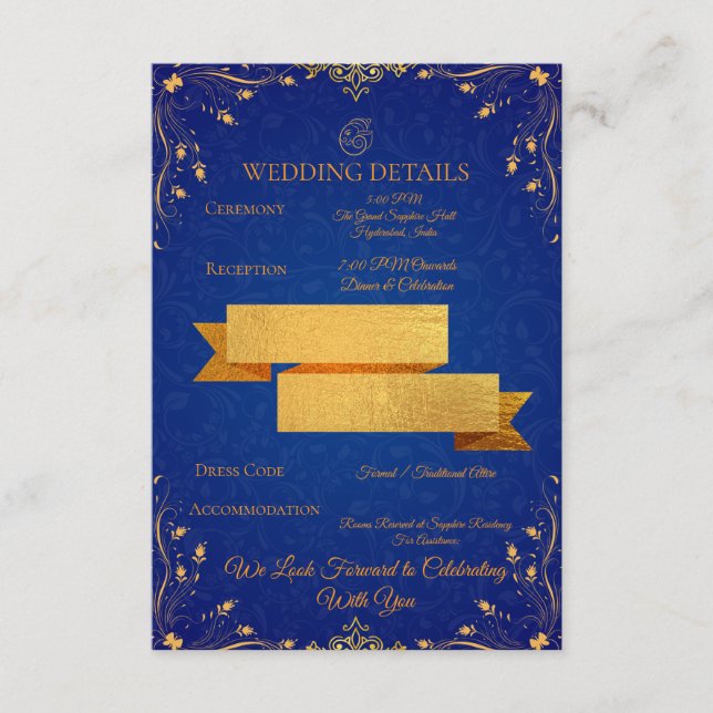 Royal Blue and Gold Wedding Details Card (Front)