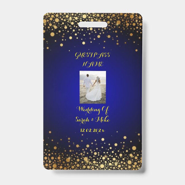 Royal Blue and Gold Wedding Guest Pass ID Badge (Front)