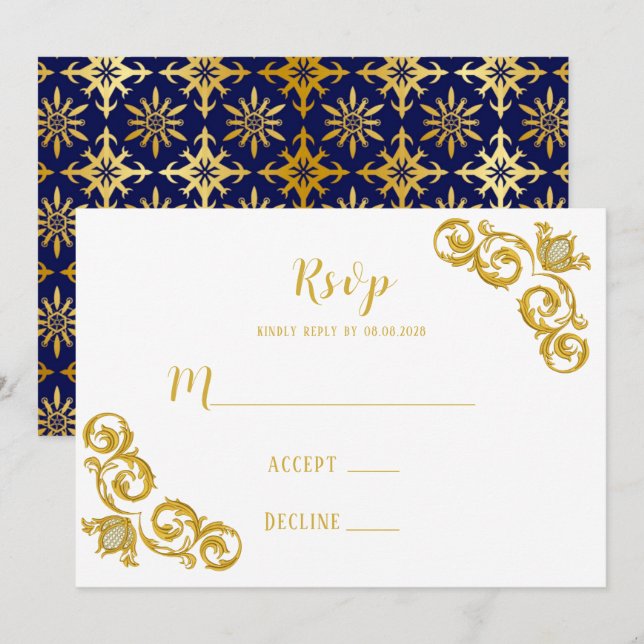 Royal Blue and Gold Wedding RSVP Cards (Front/Back)