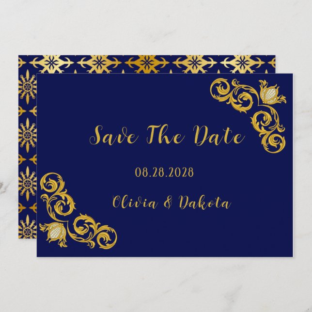 Royal Blue and Gold Wedding Save The Date Cards (Front/Back)