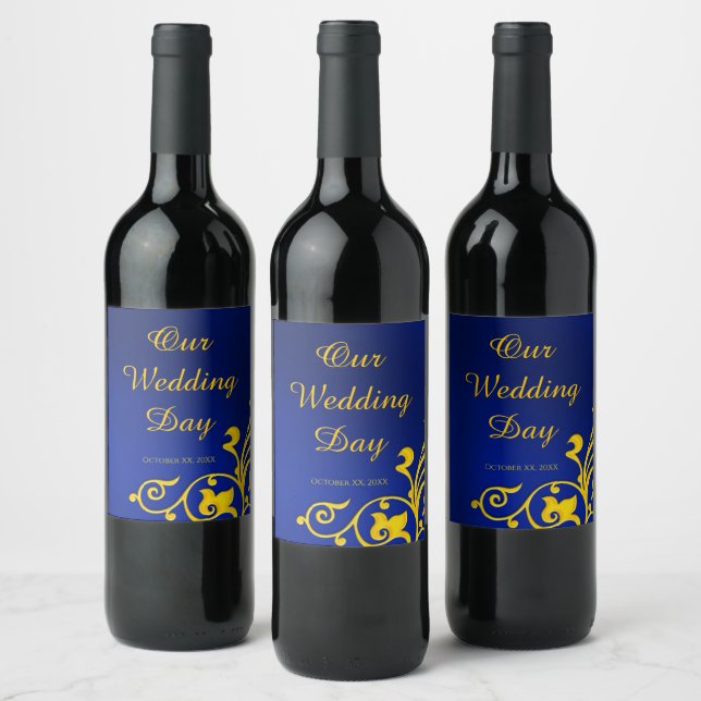 Royal Blue and Gold Wedding Wine Label (Bottles)