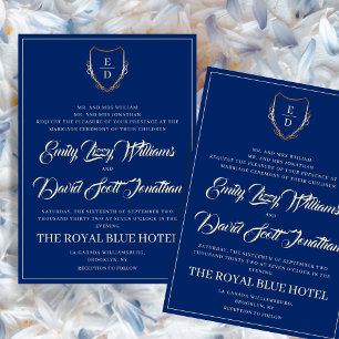 Royal Blue and Golden Classic Monogram Whimsical Invitation
