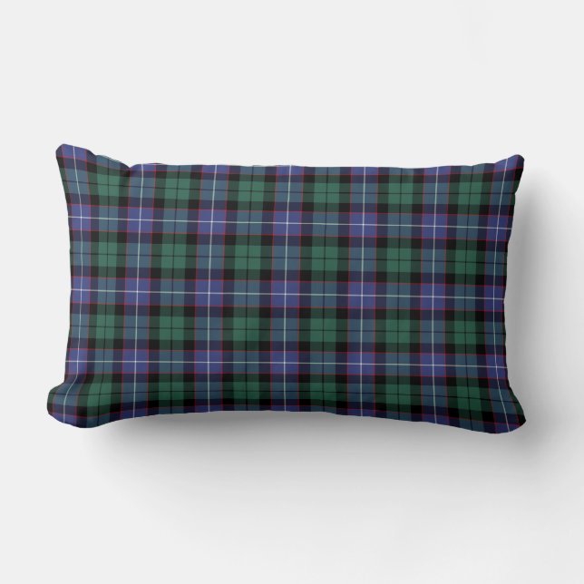 Royal Blue and Green Clan Mitchell Scottish Plaid Lumbar Cushion (Front)