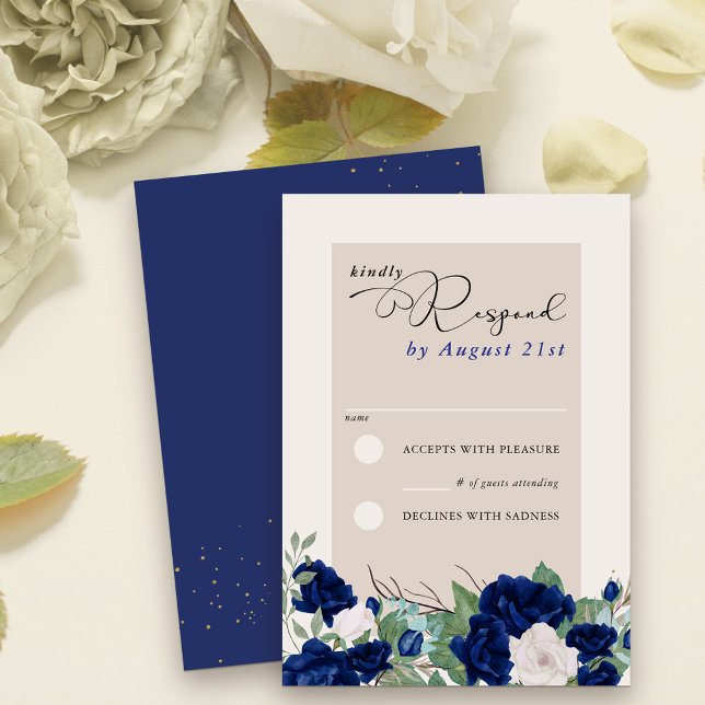 Royal Blue and Ivory Rose Elegant Floral RSVP Card (RSVP cards with elegant calligraphy and floral border of royal blue navy and ivory roses)