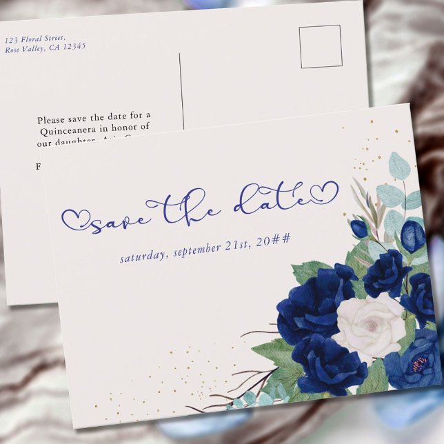 Royal Blue and Ivory Rose Floral Save the Date Announcement Postcard (Creator Uploaded)