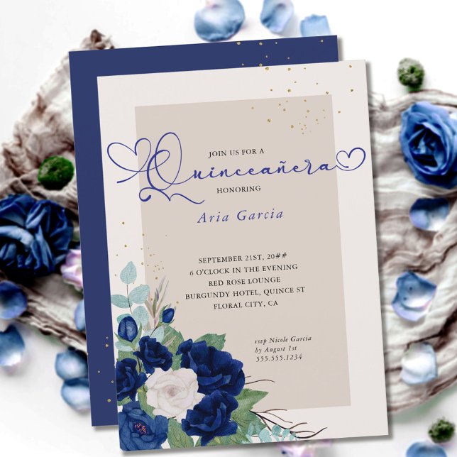 Royal Blue and Ivory Roses Elegant Quinceanera Invitation (Creator Uploaded)