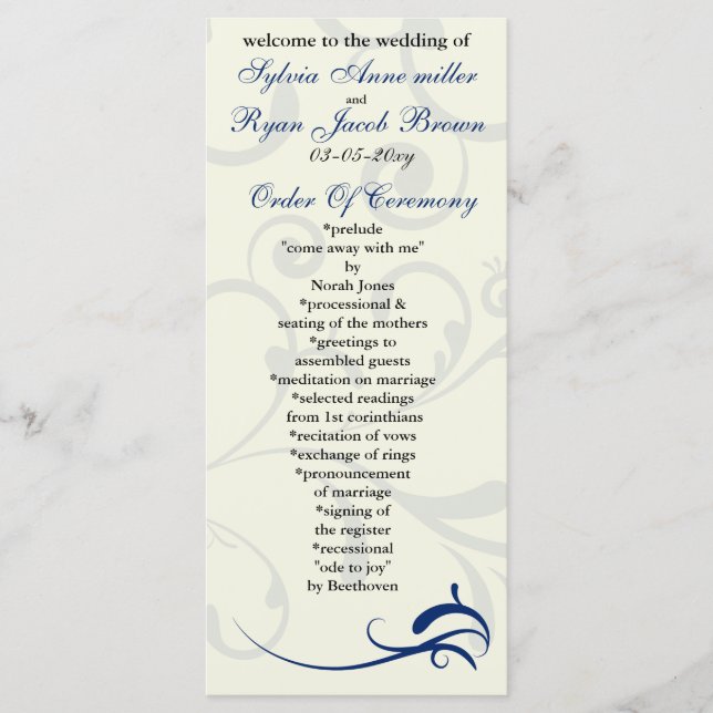 royal blue and ivory Wedding program Rack Card (Front)