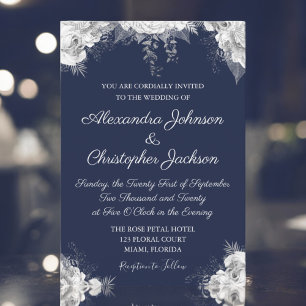 Royal Blue and Pearl White Floral Wedding Invitation