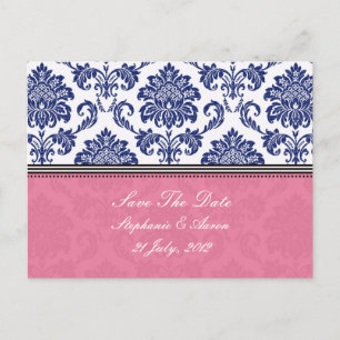 Royal Blue and PInk Damask Save The Date Announcement Postcard