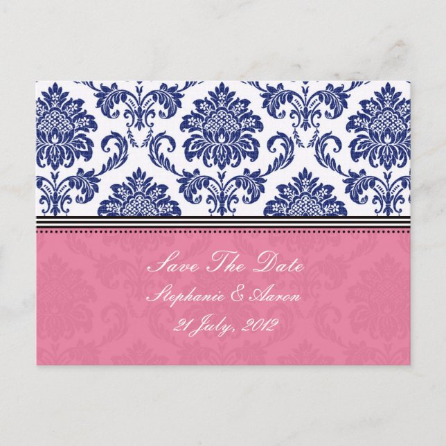 Royal Blue and PInk Damask Save The Date Announcement Postcard (Front)