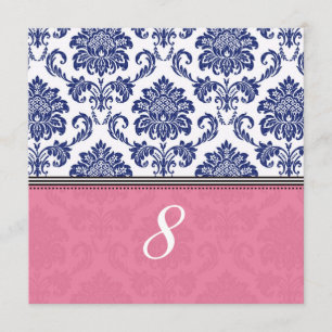 Royal Blue and Pink Damask Table Number