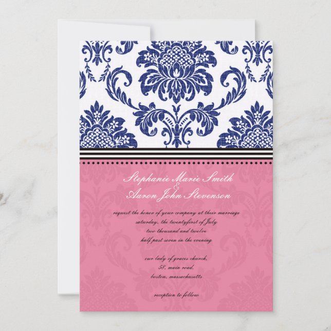 Royal Blue and Pink Damask Wedding Invitation (Front)