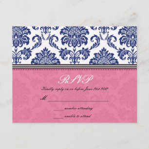Royal Blue and Pink Damask Wedding RSVP